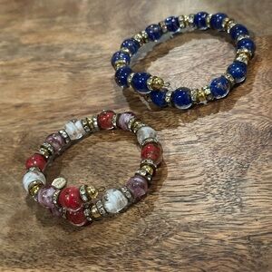 Italian Beaded Bracelets Red, Blue, Gold Set of Two